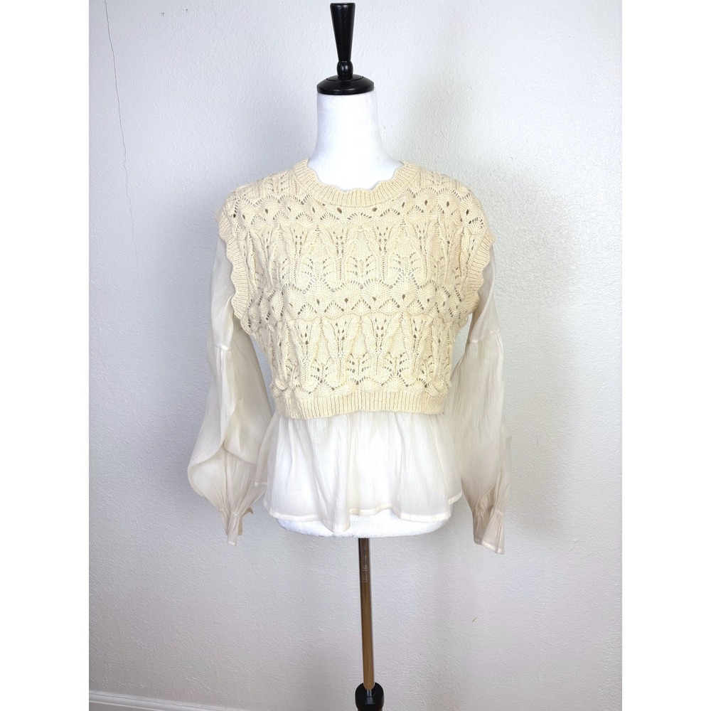 Cloud Ten Cream Open Knit Sheer Balloon Sleeve Sweater Top Size Medium Cottage